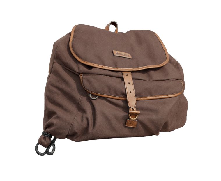 Mjoelner Alf Classic 50L loden roe sack backpack in dark brown with leather trim